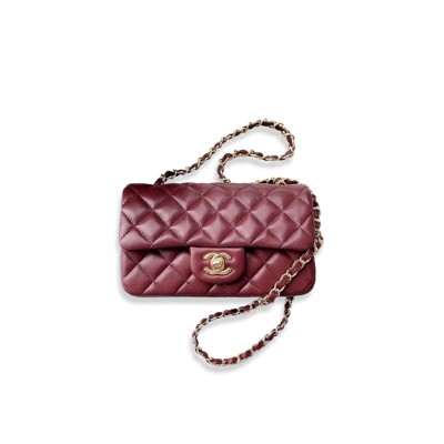 CHANEL MASTER BURGUNDY LAMBSKIN QUILTED EXTRA MINI RECTANGULAR FLAP LIGHT GOLD HARDWARE (20*12*6cm)